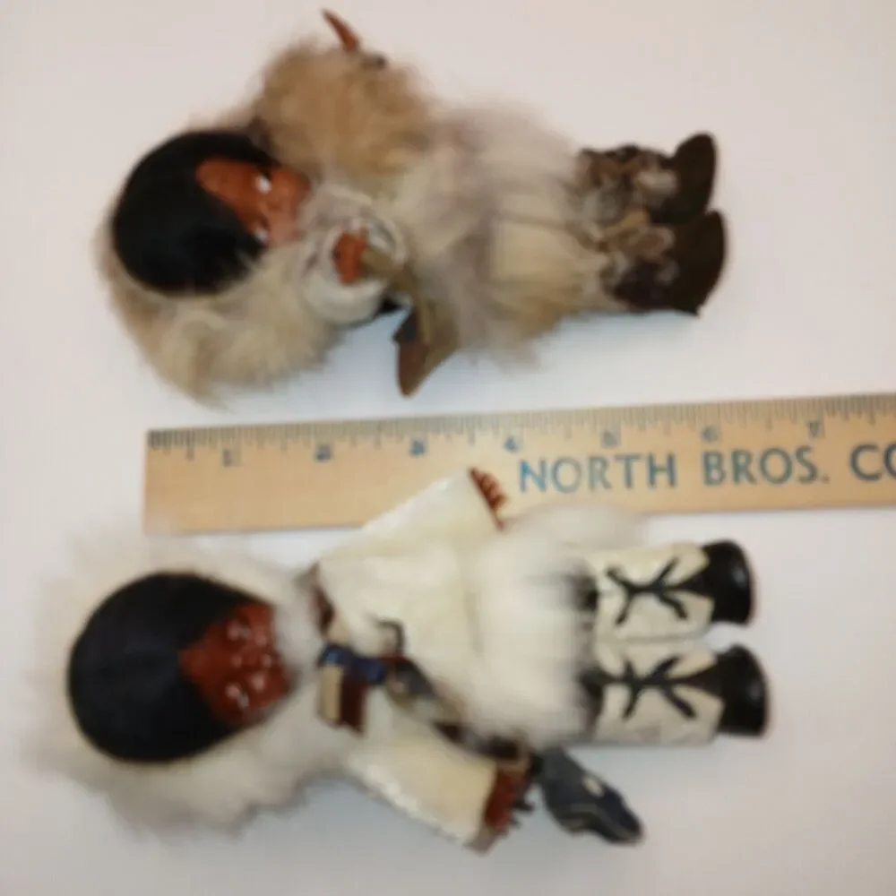 Vtg Native Alaskan Dolls x2 Real Fur Leather Sleepy Eyes Mittens Folk Art 6